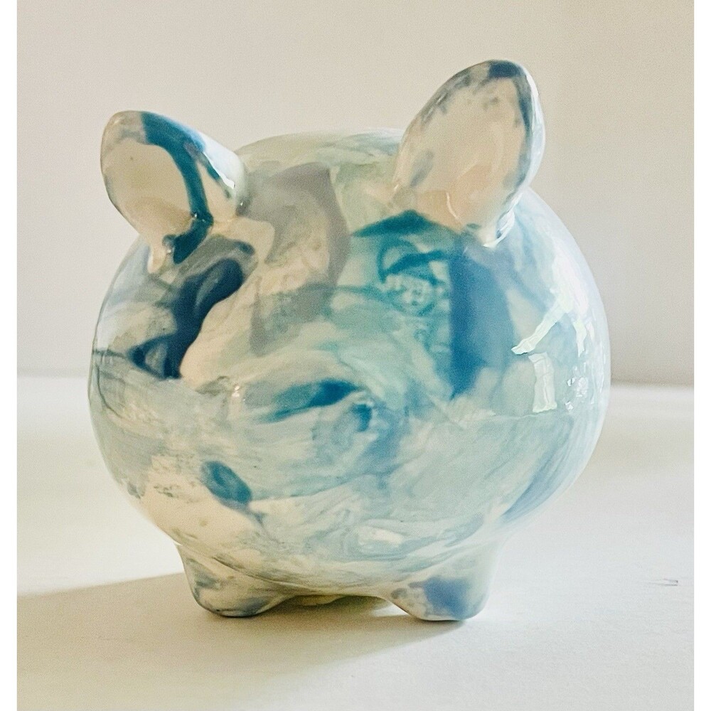Handmade Ceramic Pottery Piggy Bank Blue White Swirled  Spongeware